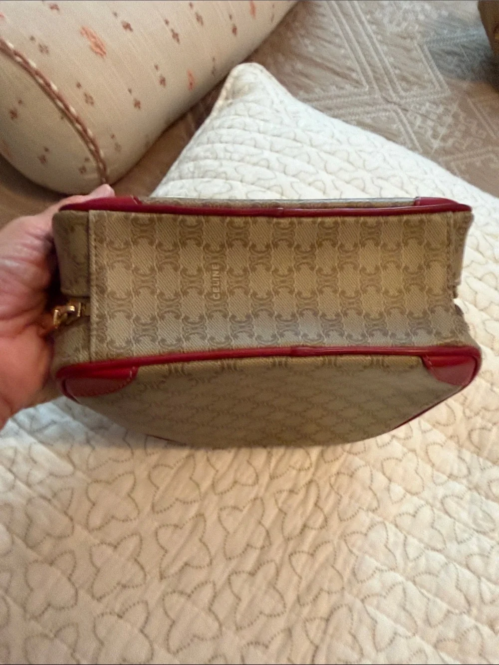 Celine Beige Monogram Cosmetic Case with Red Trim
